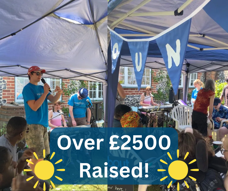 Photos of choir members performing in a tent. The words 'over £2500 raised' on top of the photo