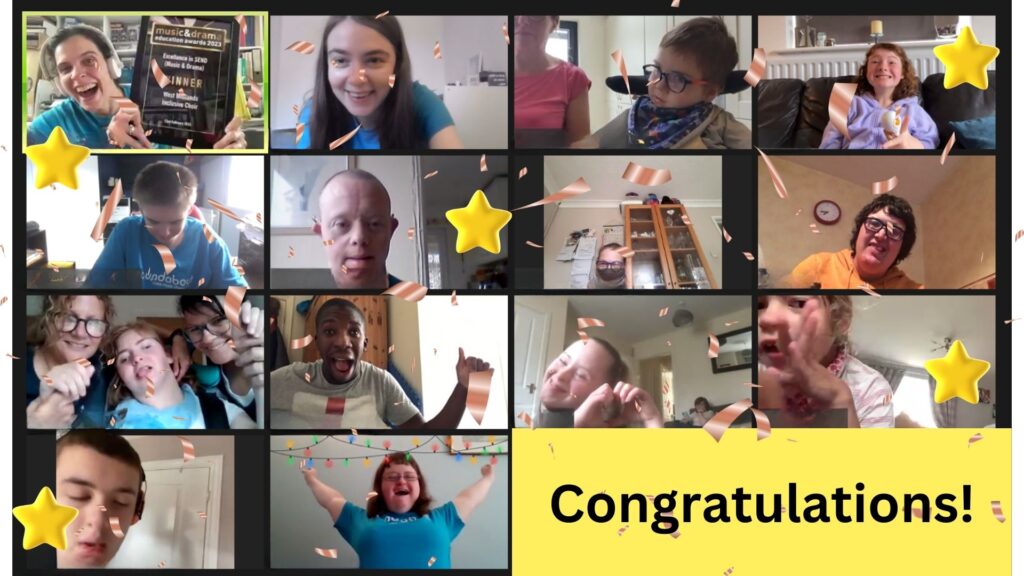 Zoom screenshot with choir members smiling. The word 'congratulations' is on top of the photo